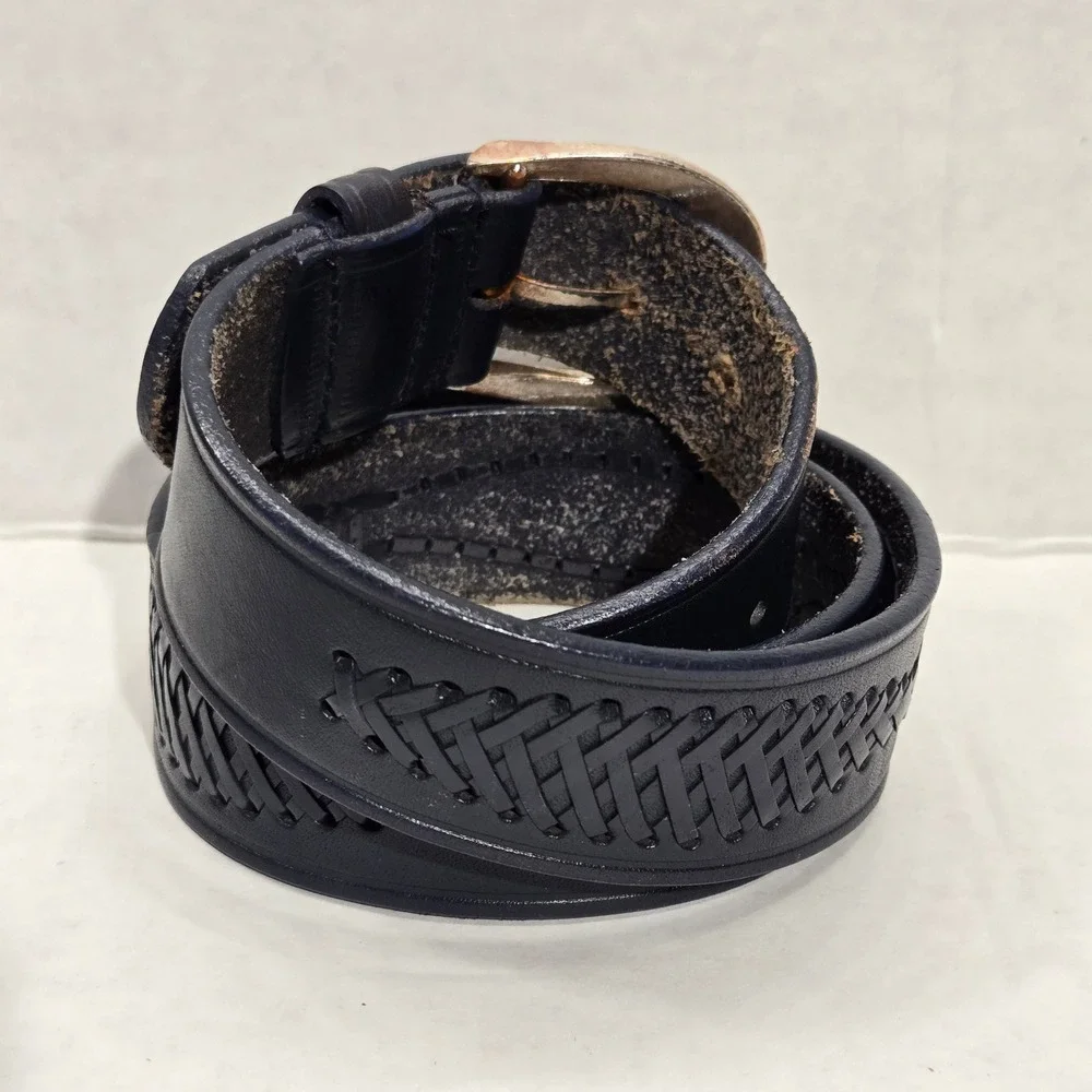 Azia Leather Woven Basketweave Belt Mens 36 Navy Blue Full Grain Silver Buckle